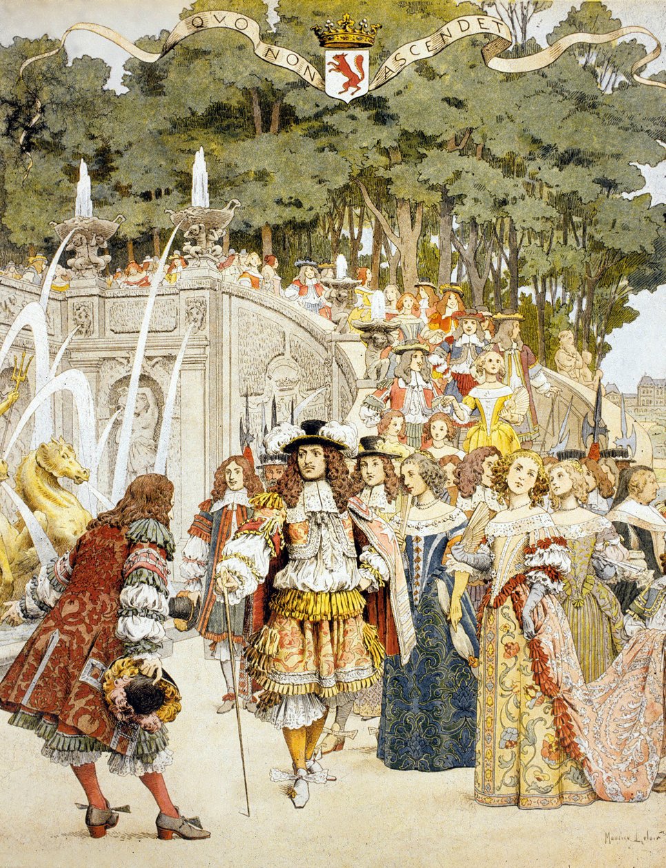 Nicolas Fouquet vastaanottaa kuningas Ludvig XIV:n Chateau de Vaux Le Vicomte -linnassa, Ranska, 17. elokuuta 1661 (wc paperille). tekijältä Maurice Leloir