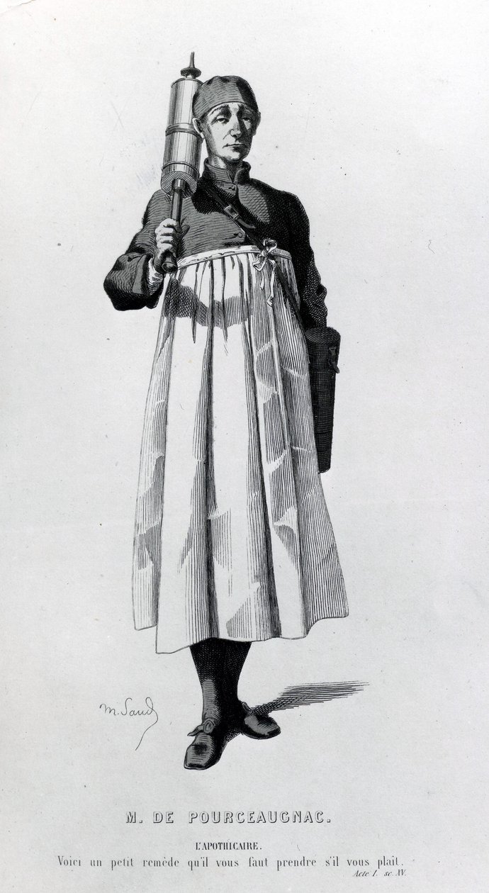 Apteekissa on ruisku Monsieur de Pourceaugnacille, joka on otettu teoksesta "Oeuvres completes de Moliere", 1669. tekijältä Maurice Sand