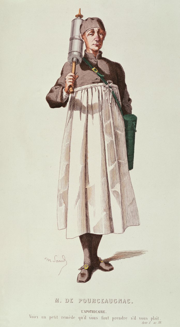 Apteekkarilla on mukanaan ruisku Monsieur de Pourceaugnacille, Oeuvres Completes de Moliere, 1669 (värikaiverrus). tekijältä Maurice Sand