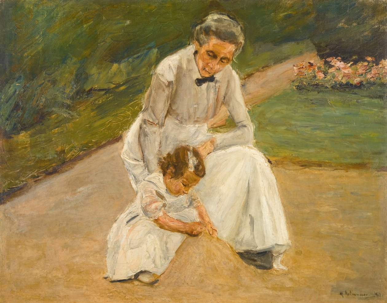 Enkelin und Kinderfrau beim Spiel im Garten tekijältä Max Liebermann