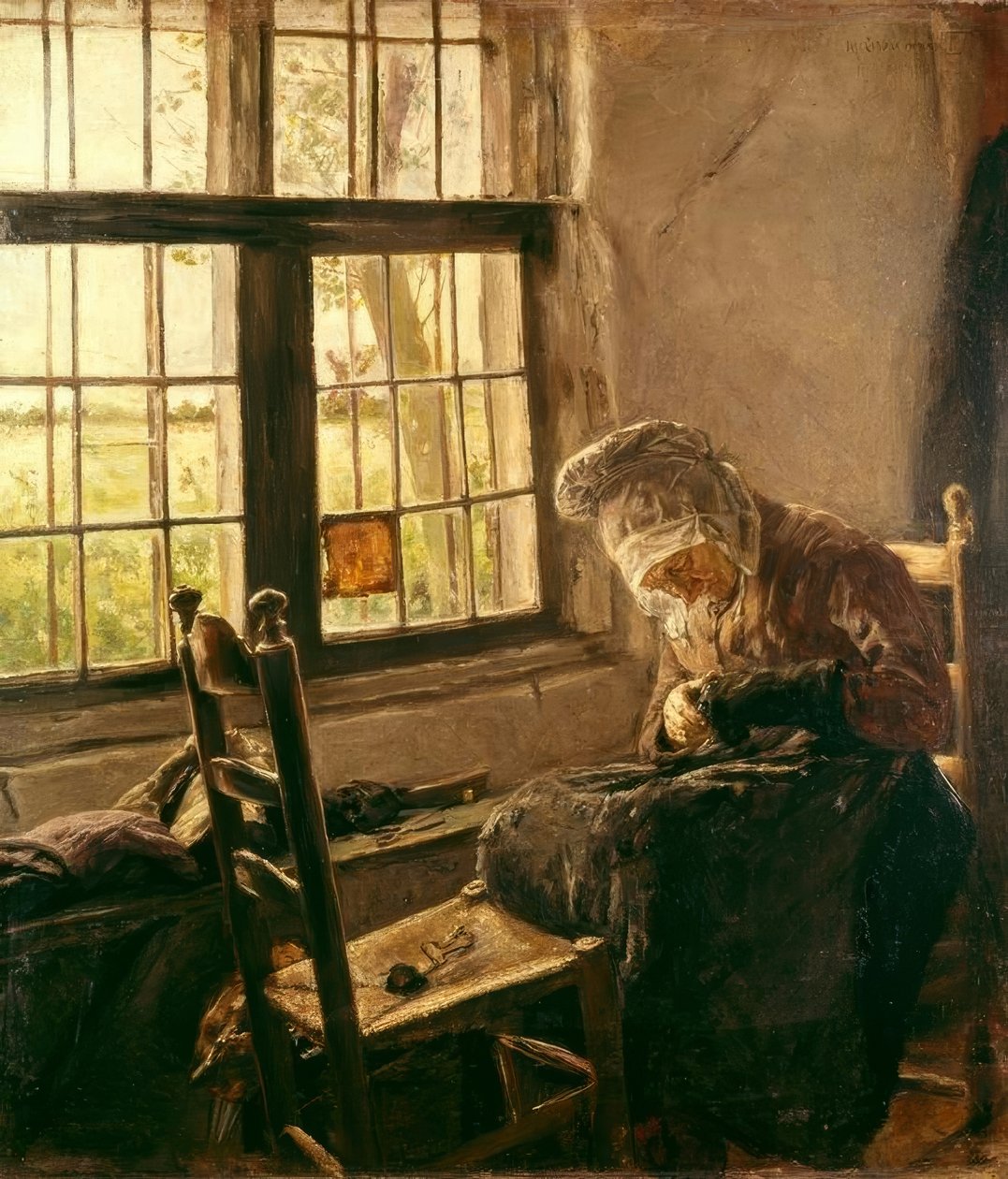 Stopfende alte Frau am Fenster tekijältä Max Liebermann