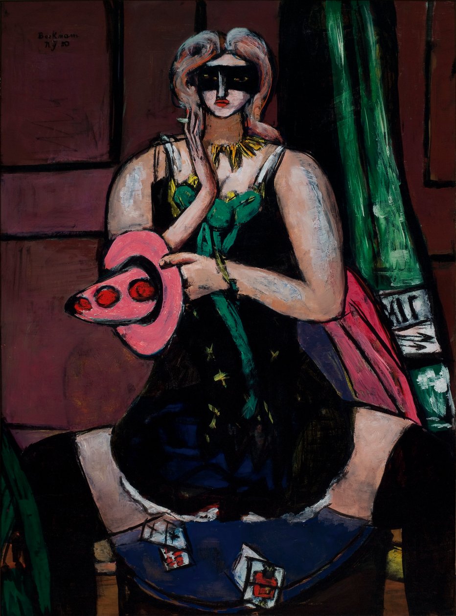 Karnevaalinaamio, vihreä, violetti ja vaaleanpunainen (Columbine) tekijältä Max Beckmann
