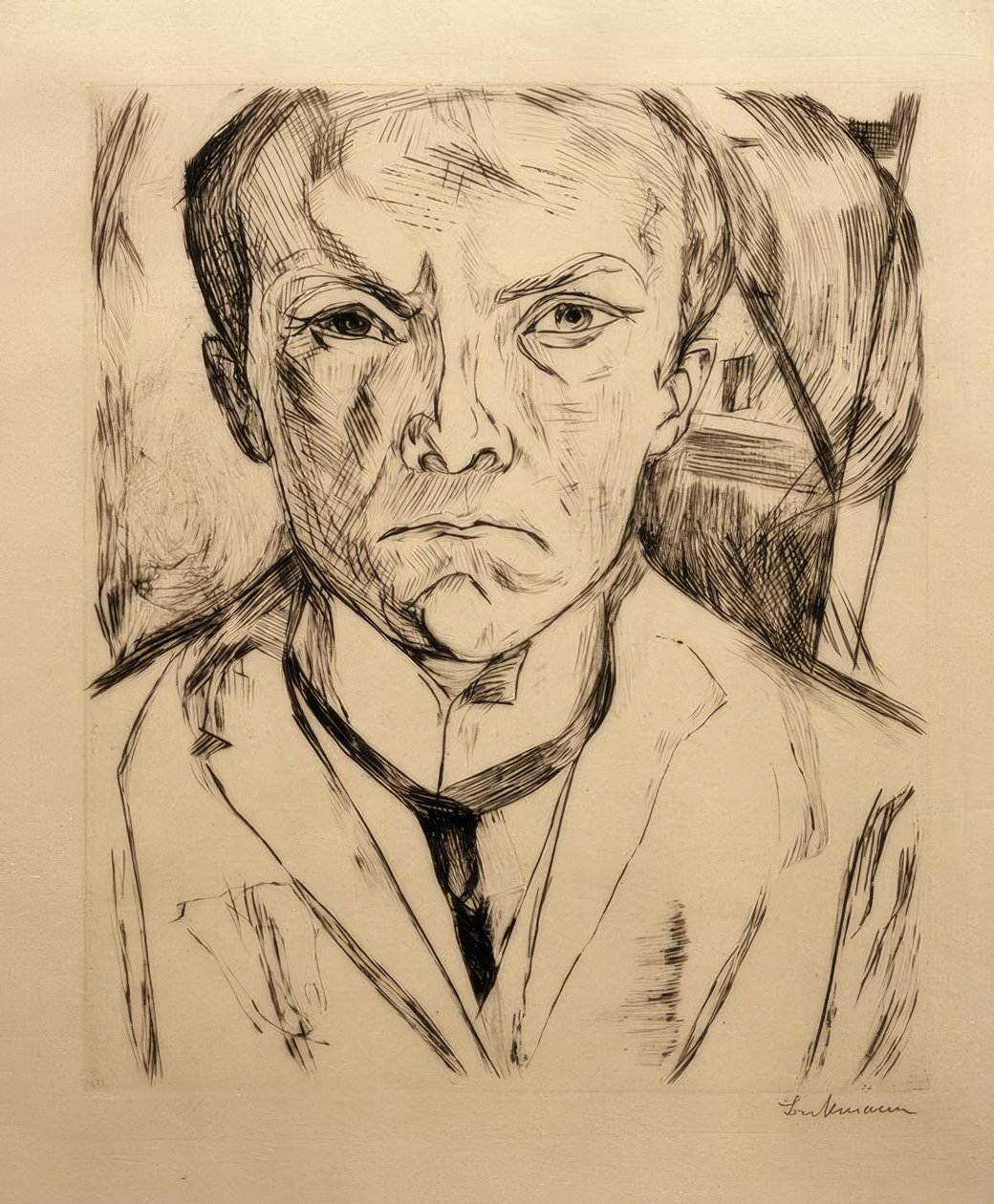 Omakuva edestä, talon pääty taustalla tekijältä Max Beckmann