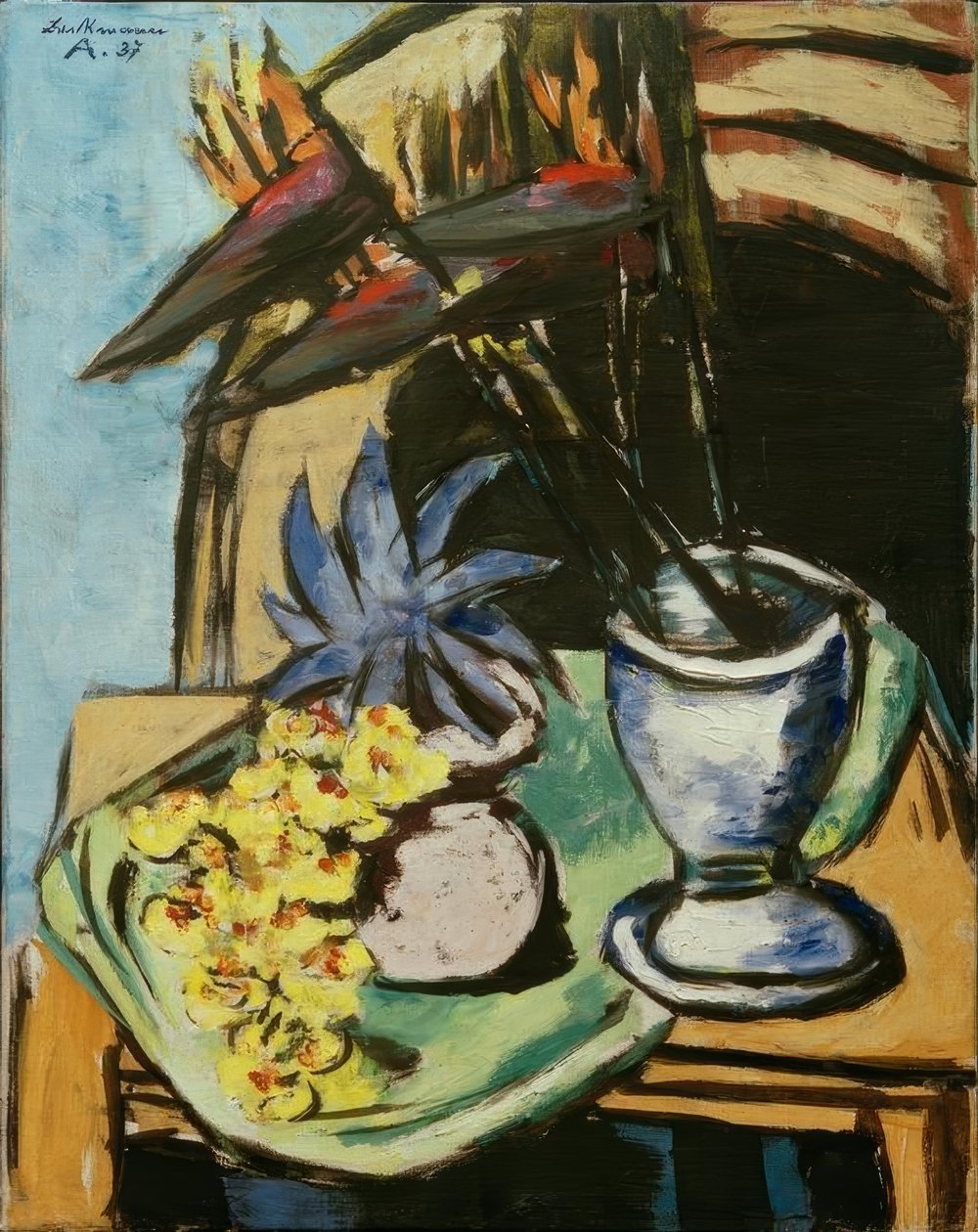 Asetelma strelitsia ja keltaisia ​​orkideoita tekijältä Max Beckmann