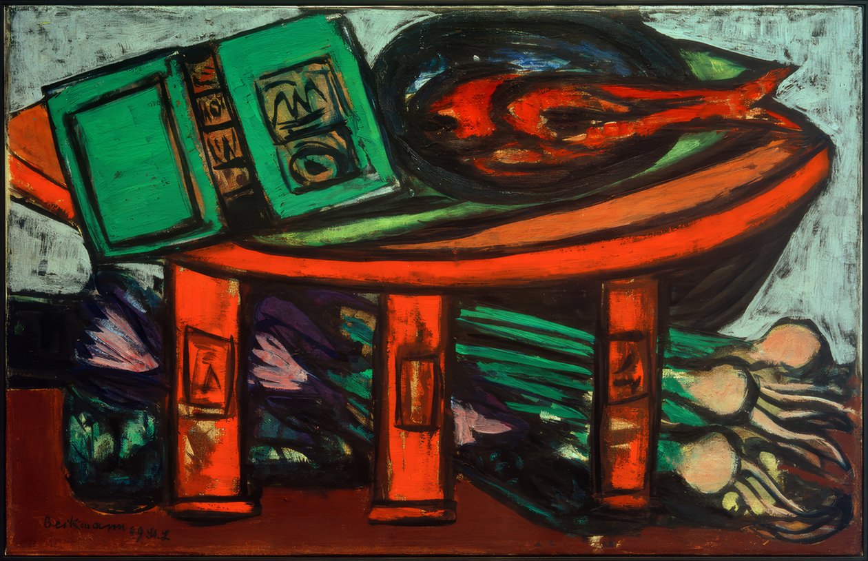 Asetelma vihreällä kirjalla ja retiisillä tekijältä Max Beckmann
