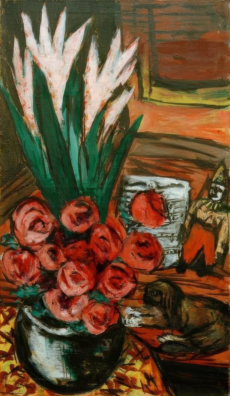 Asetelma punaisilla ruusuilla ja butchylla tekijältä Max Beckmann