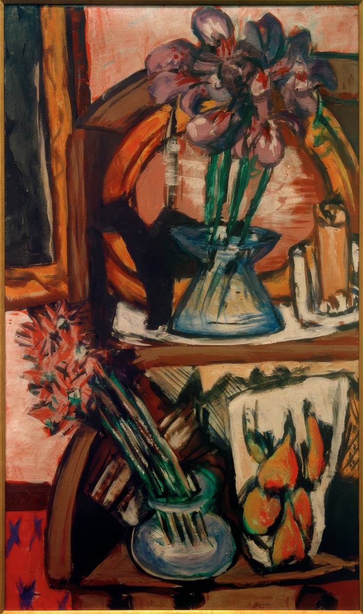 Asetelma, jossa on kaksi kukkamaljakkoa tekijältä Max Beckmann