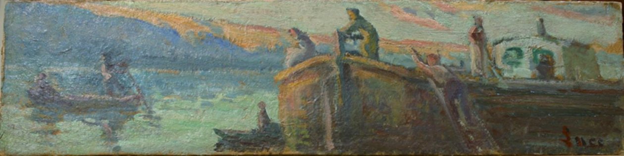 Jokimaisema proomulla ja veneillä tekijältä Maximilien Luce