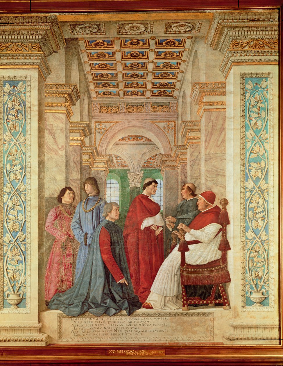 Paavi Sixtus IV nimittää Bartolommeo Platinan Vatikaanin kirjaston johtajaksi, noin 1477 (fresko siirretty kankaalle). tekijältä Melozzo da Forli