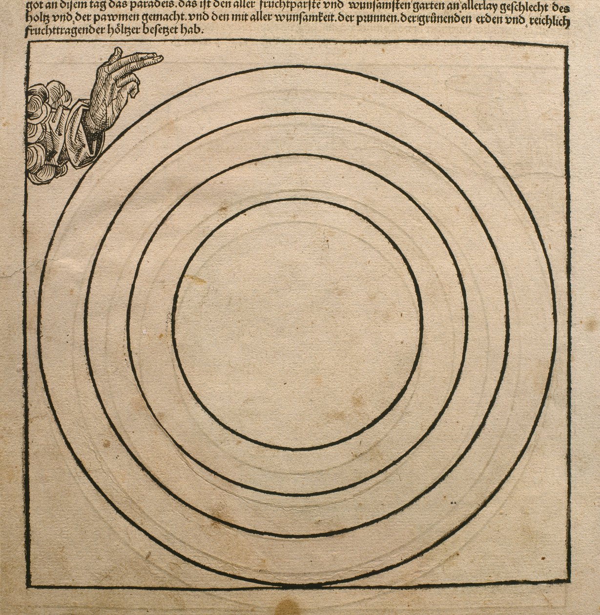 Isä Jumala luo maan, esimerkki Hartmann Schedelin (1440-1514) Nürnbergissä vuonna 1493 julkaisemasta "Liber Chronicarumista" tekijältä Michael and Pleydenwurff, W. Wolgemuth