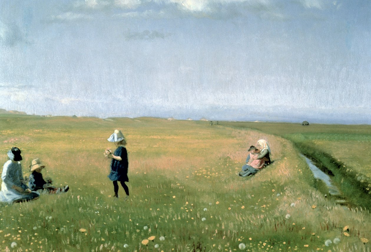 Lapset ja nuoret tytöt poimimassa kukkia niityllä Skagenin pohjoispuolella tekijältä Michael Peter Ancher