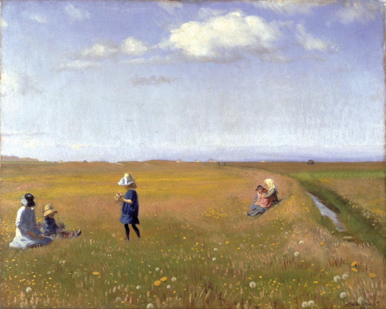 Lapset ja nuoret tytöt poimivat kukkia Skagenin pohjoispuolella tekijältä Michael Peter Ancher