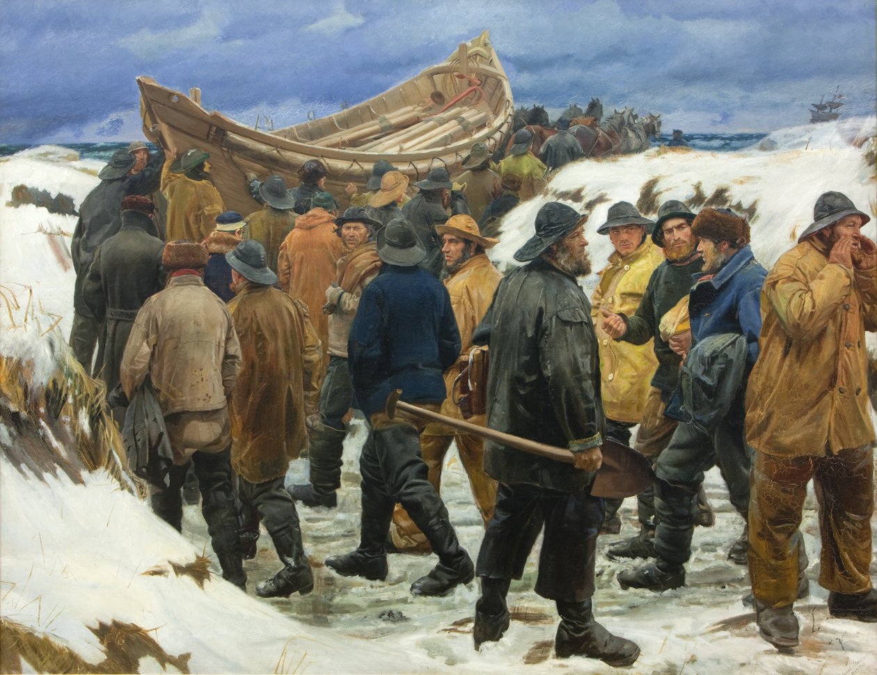 Pelastusvene kuljetetaan dyynien läpi tekijältä Michael Ancher