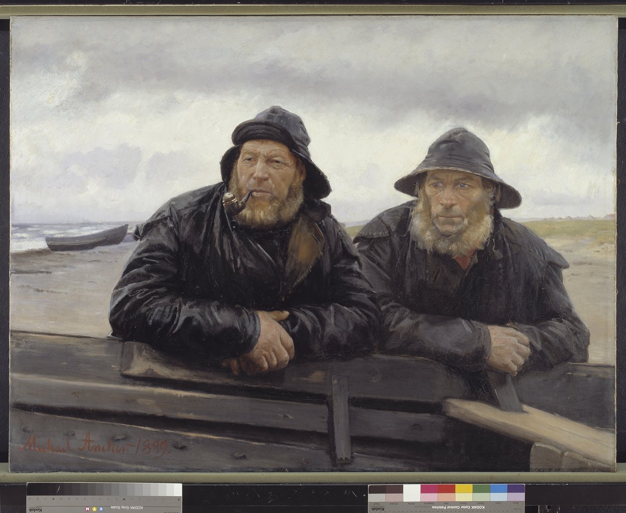 Kaksi kalastajaa veneen vieressä tekijältä Michael Ancher
