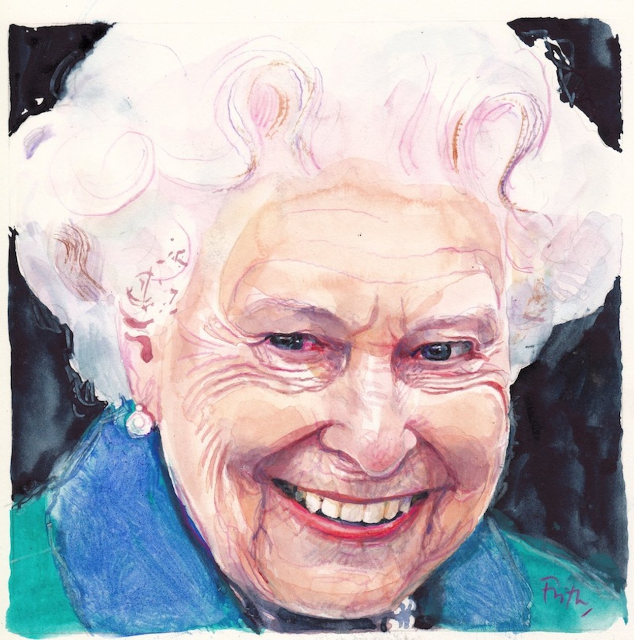 Elizabeth II Englannin kuningatar (akvarelli) tekijältä Michael Frith