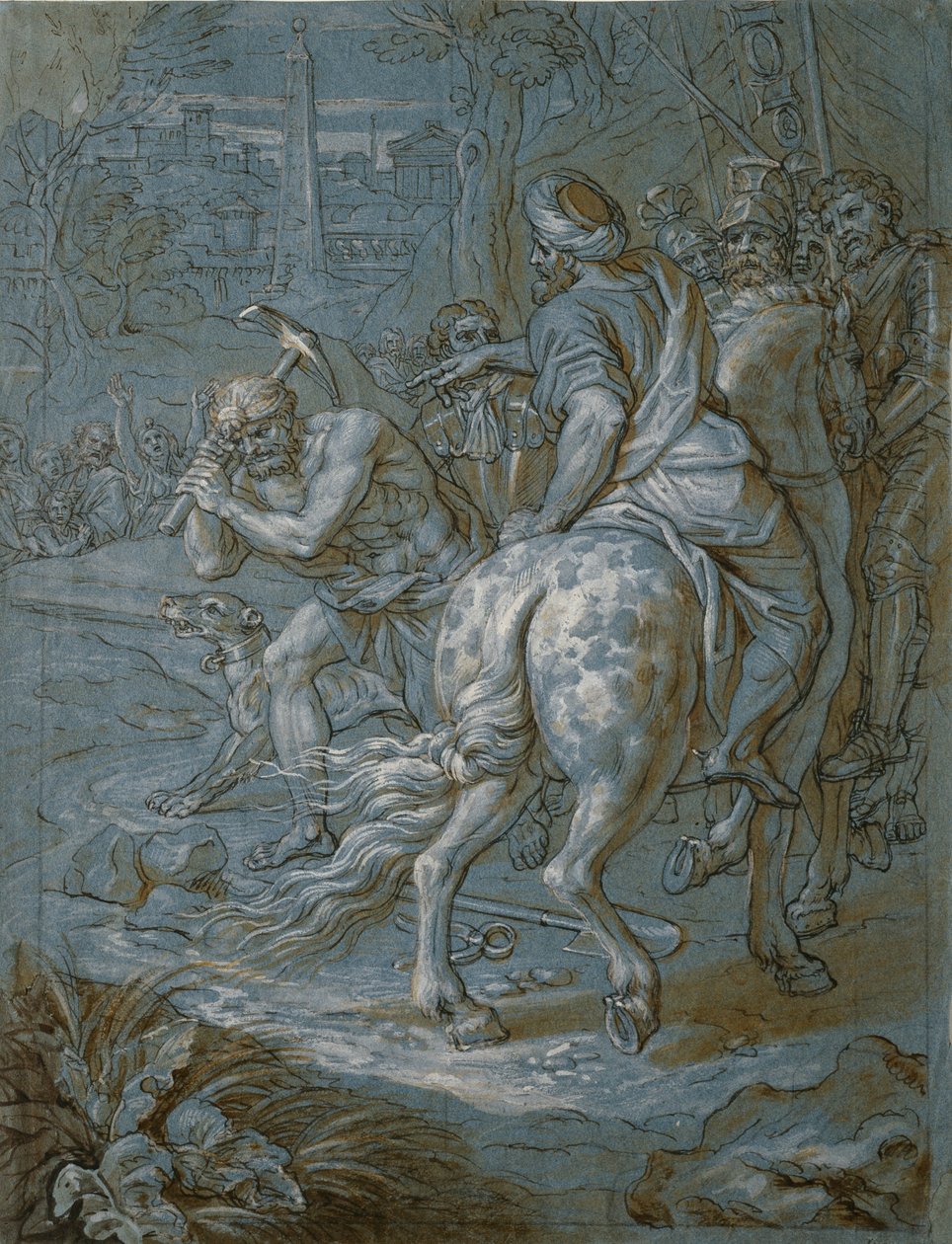 Ristin pystyttämisen pohjustus, n.1680 (kynä ja ruskea muste, pesua ja guassia paperille). tekijältä Michel des Gobelins Corneille