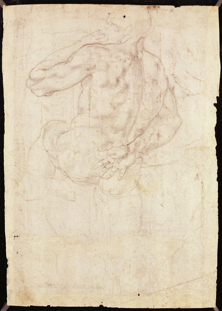 Piirros seisovasta mieshenkilöstä (liitu paperille) tekijältä Michelangelo Buonarroti