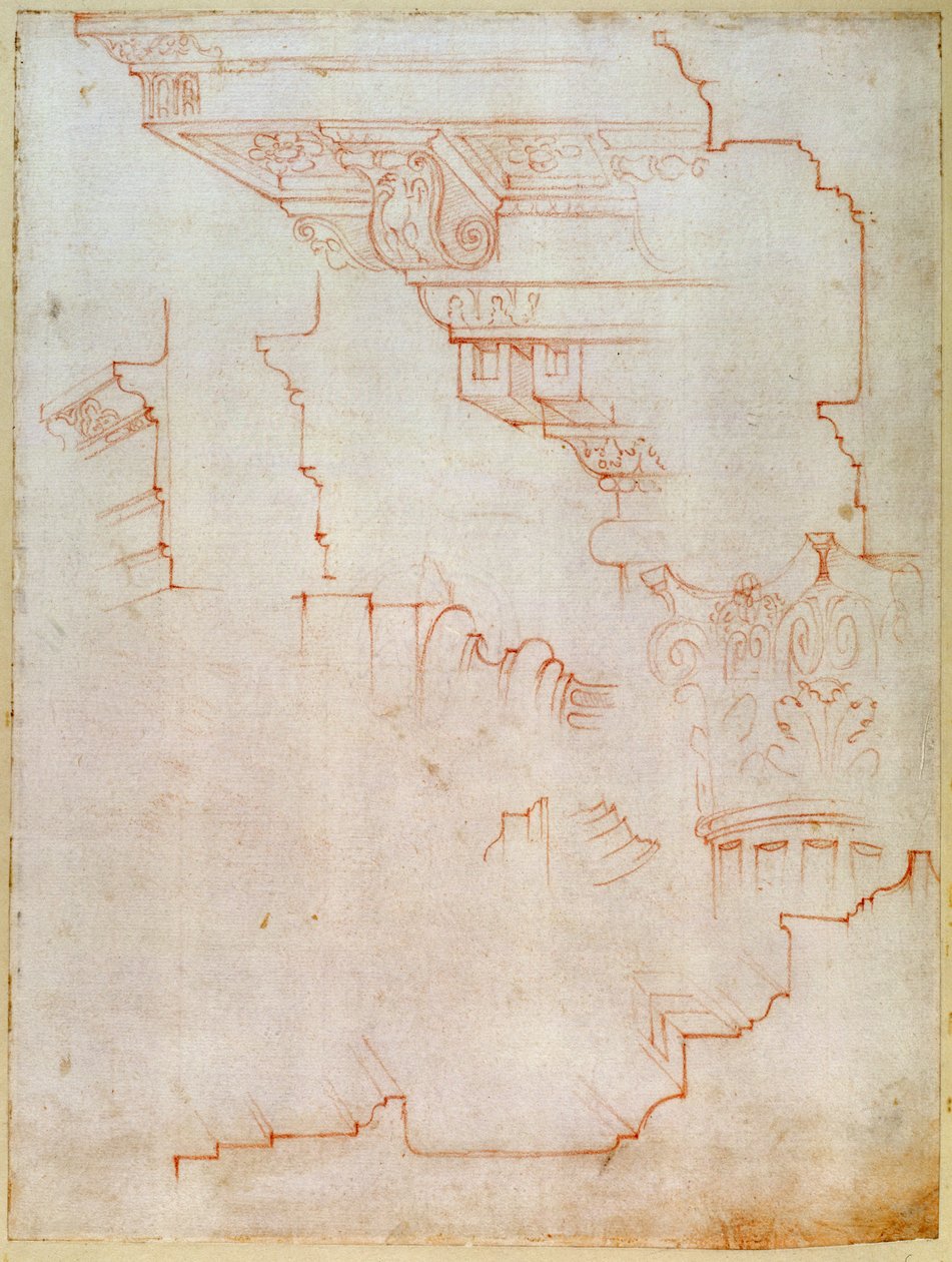 Lasku 1859 6-25-5602. R. (W.19) Piirustus arkkitehtonisista yksityiskohdista (punainen liitu) tekijältä Michelangelo Buonarroti