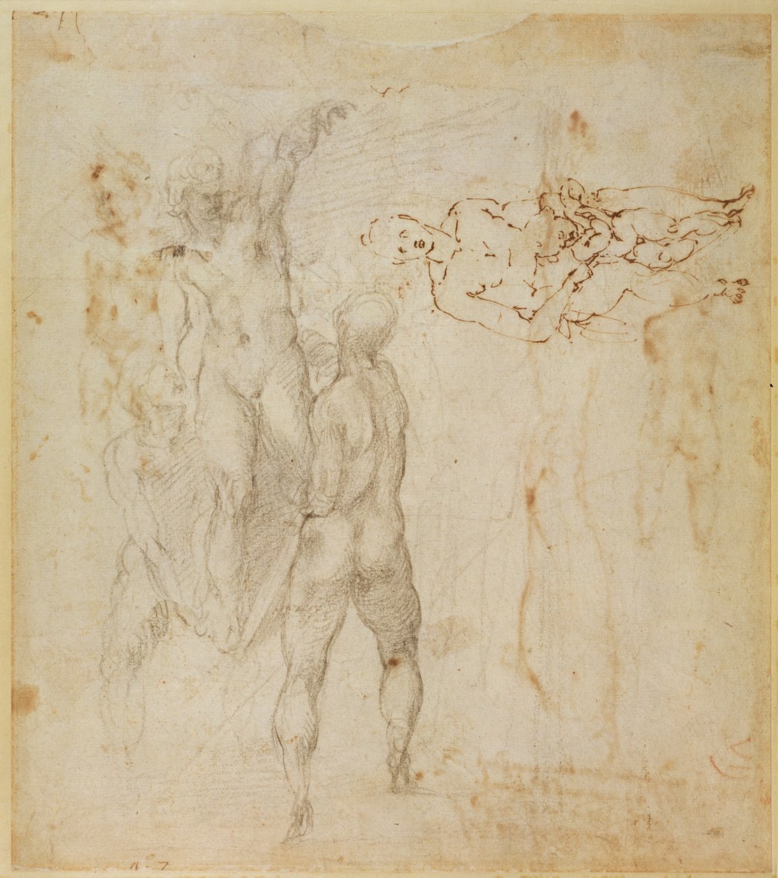 Miesryhmä ja istuva hahmo lapsen kanssa (kynä ja muste, hiili) tekijältä Michelangelo Buonarroti