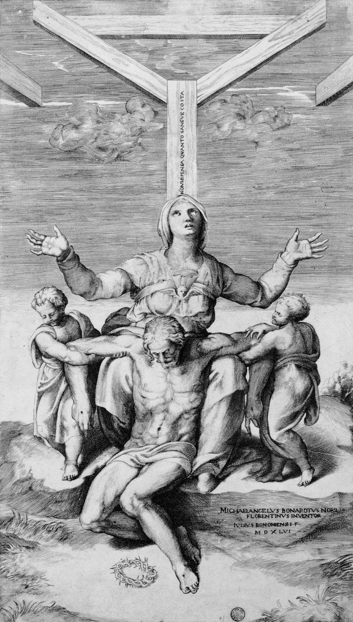 Pieta, kaiverrus Giulio Bonasone, 1556 tekijältä Michelangelo Buonarroti