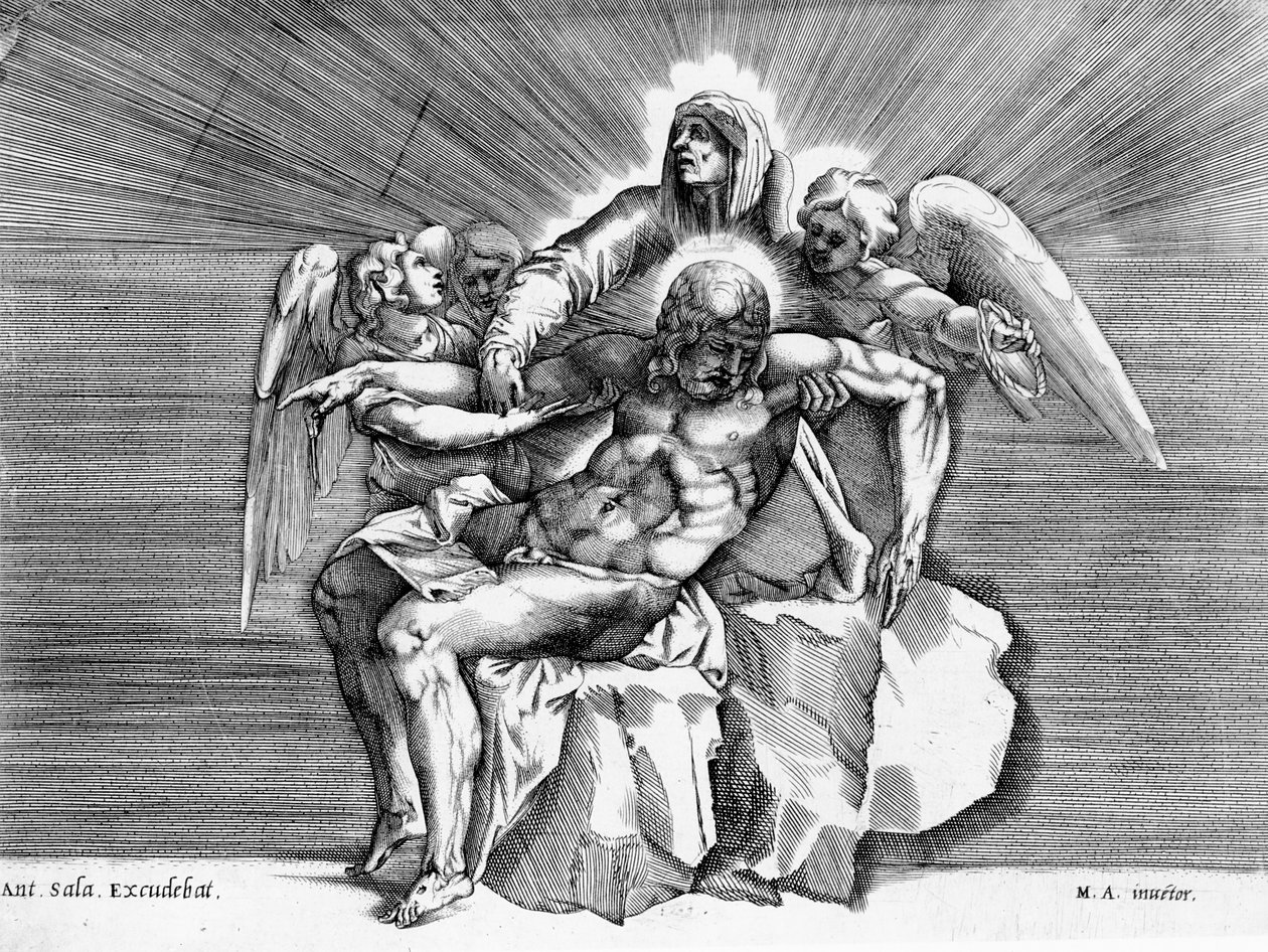 Pieta, kaiverrus Giulio Sanuto tekijältä Michelangelo Buonarroti
