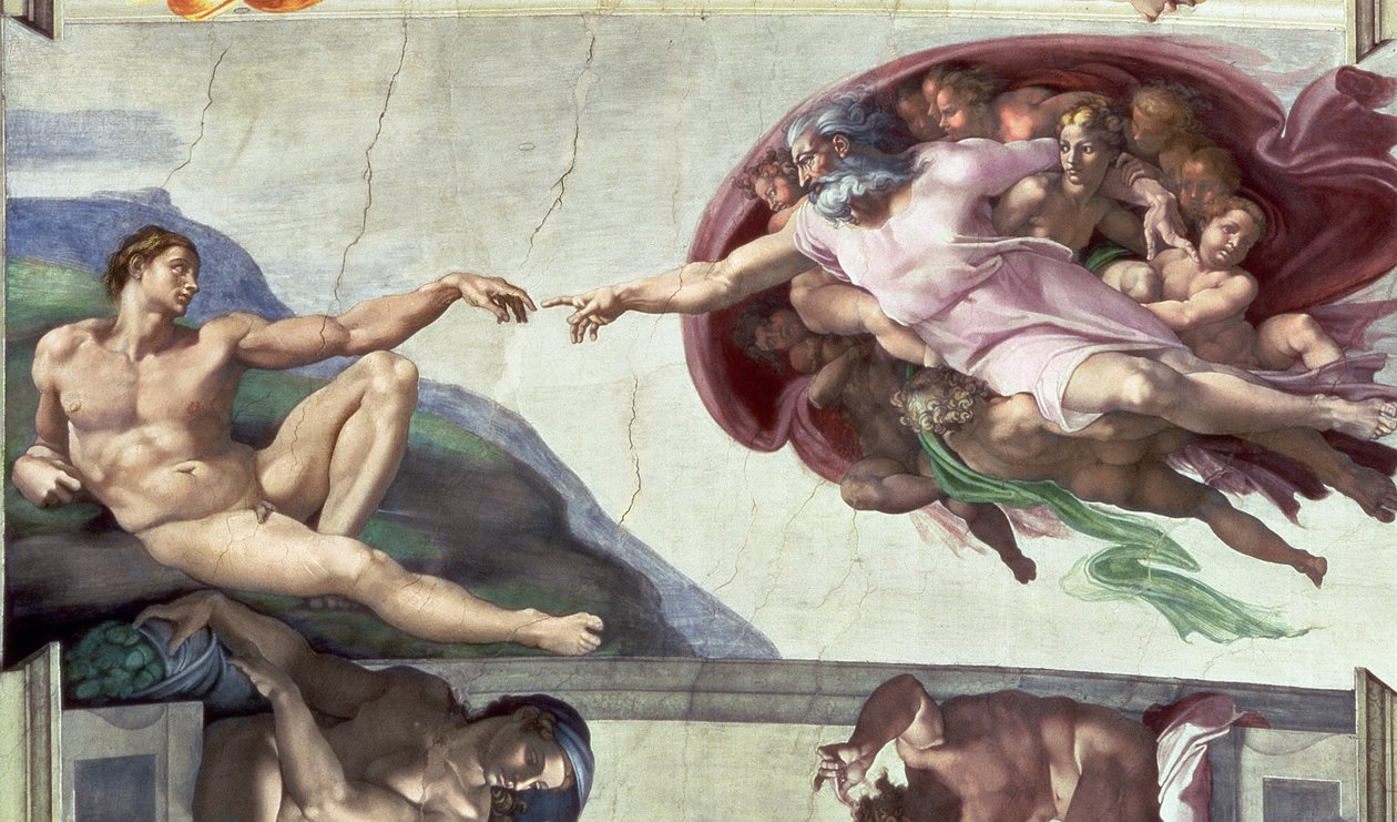 Sikstuksen kappelin katto (1508-12): Aadamin luominen tekijältä Michelangelo Buonarroti