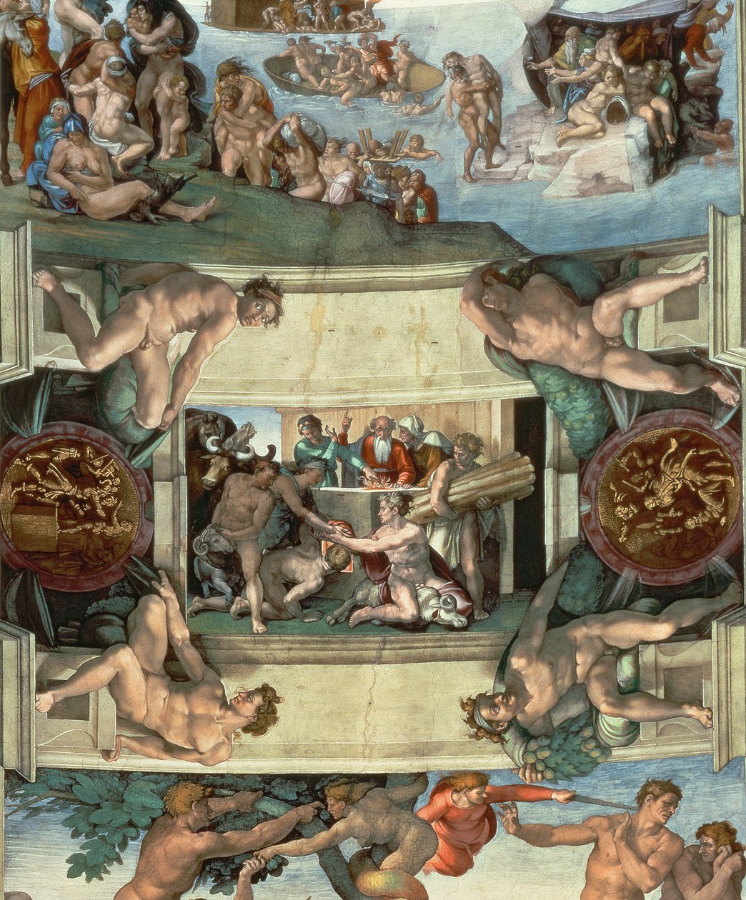 Sikstuksen kappelin katto (1508-12): Nooan uhri, 1508-10 (palautuksen jälkeen) tekijältä Michelangelo Buonarroti