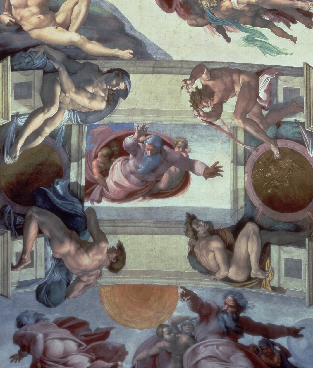 Sikstuksen kappelin katto (1508-12): Vesien erottaminen maasta, 1511-12 (kunnostuksen jälkeen) tekijältä Michelangelo Buonarroti