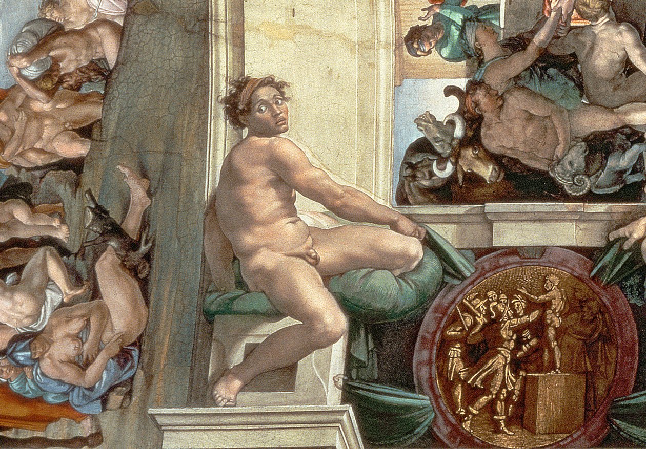 Sikstuksen kappelin katto (1508-12) yksityiskohta yhdestä ignudista (yksityiskohta 167695) tekijältä Michelangelo Buonarroti