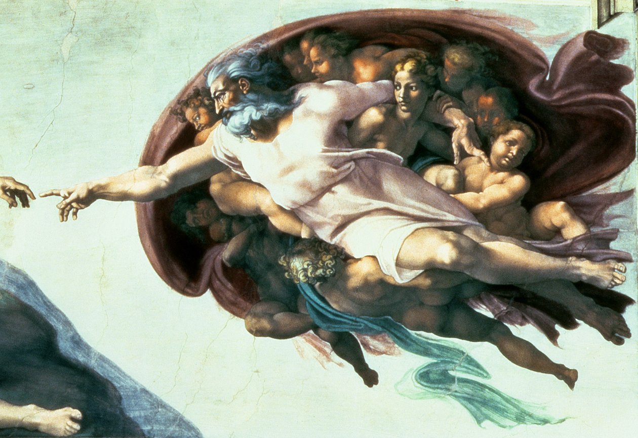 Sikstuksen kappelin katto: Aadamin luominen, 1510 (restauroinnin jälkeen) (77430:n yksityiskohta) tekijältä Michelangelo Buonarroti