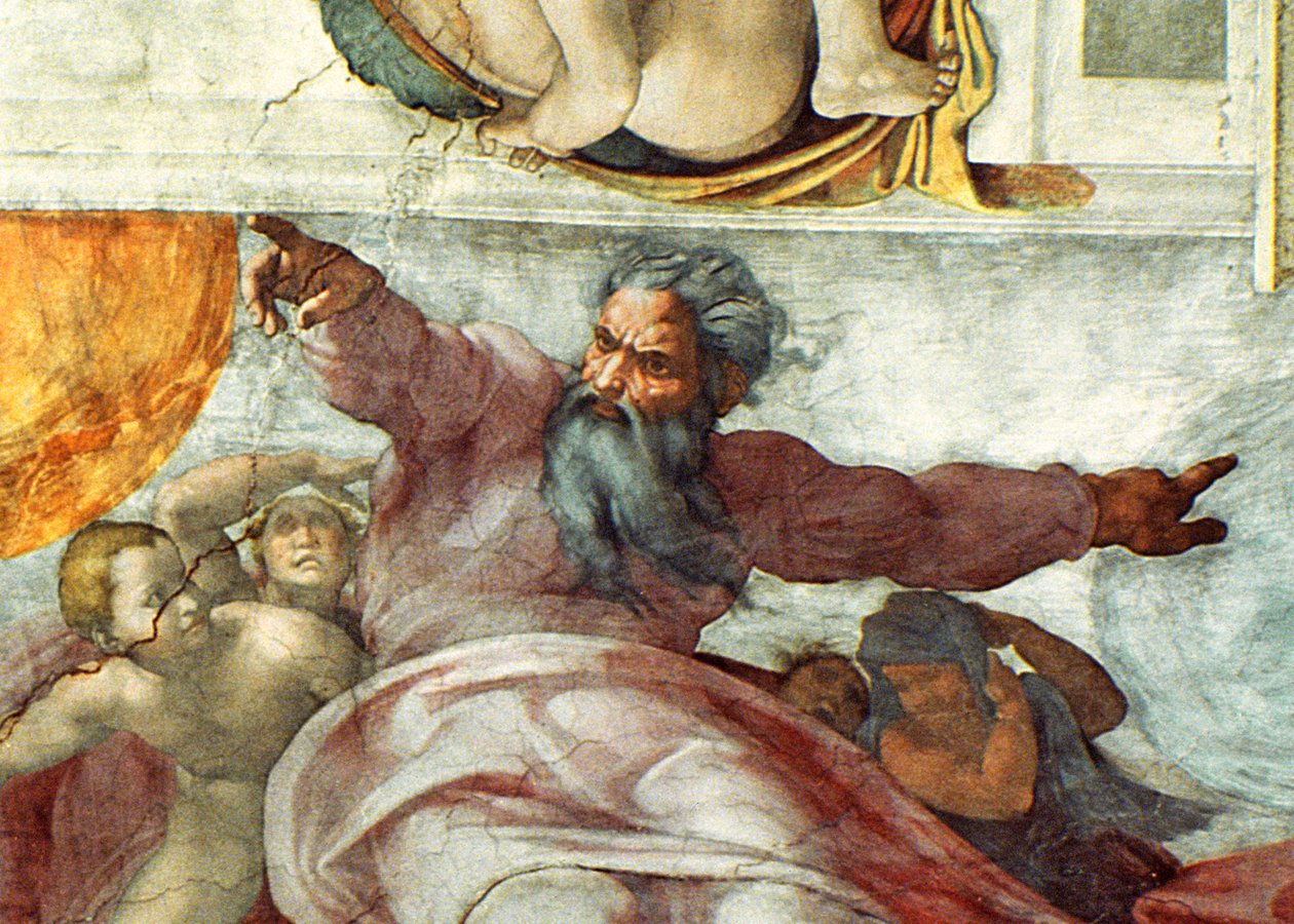 Sikstuksen kappelin katto: Auringon ja kuun luominen, 1508-1212 (yksityiskohta 183097) tekijältä Michelangelo Buonarroti