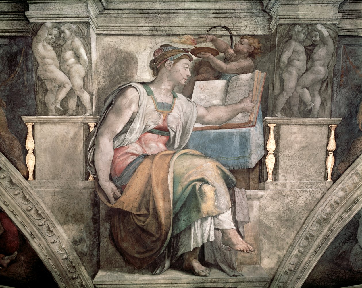 Sikstuksen kappelin katto: Erythraean Sibyl, 1508-12 tekijältä Michelangelo Buonarroti
