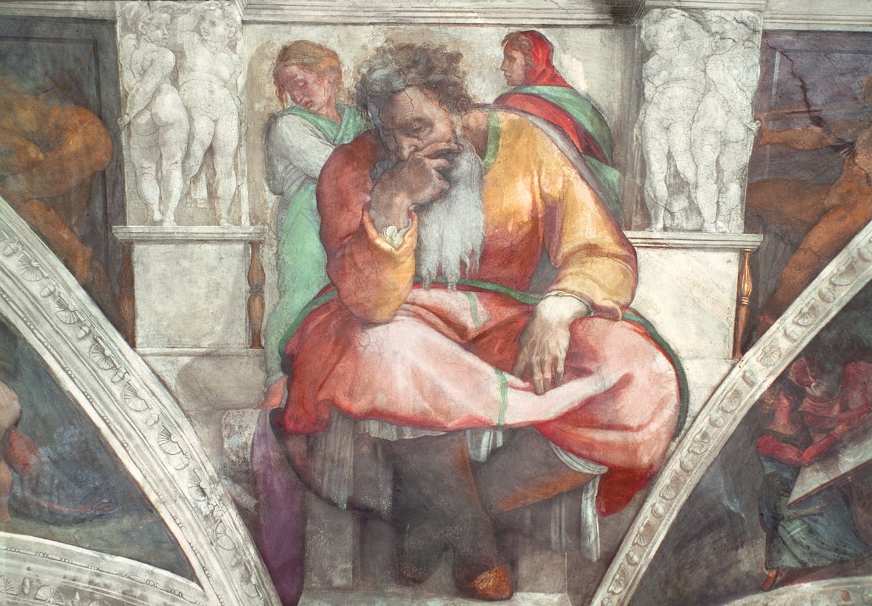 Sikstuksen kappelin katto: Jeremia (ennen restaurointia): Profeetta Jeremia (ennen restaurointia) tekijältä Michelangelo Buonarroti