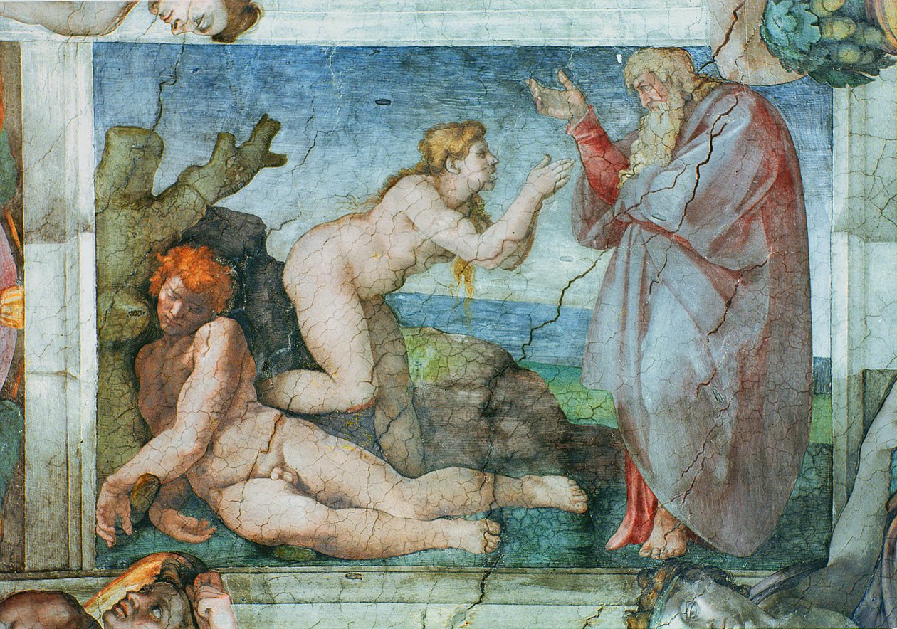 Sikstuksen kappelin katto: Ignudit, 1511 (ennen restaurointia). tekijältä Michelangelo Buonarroti