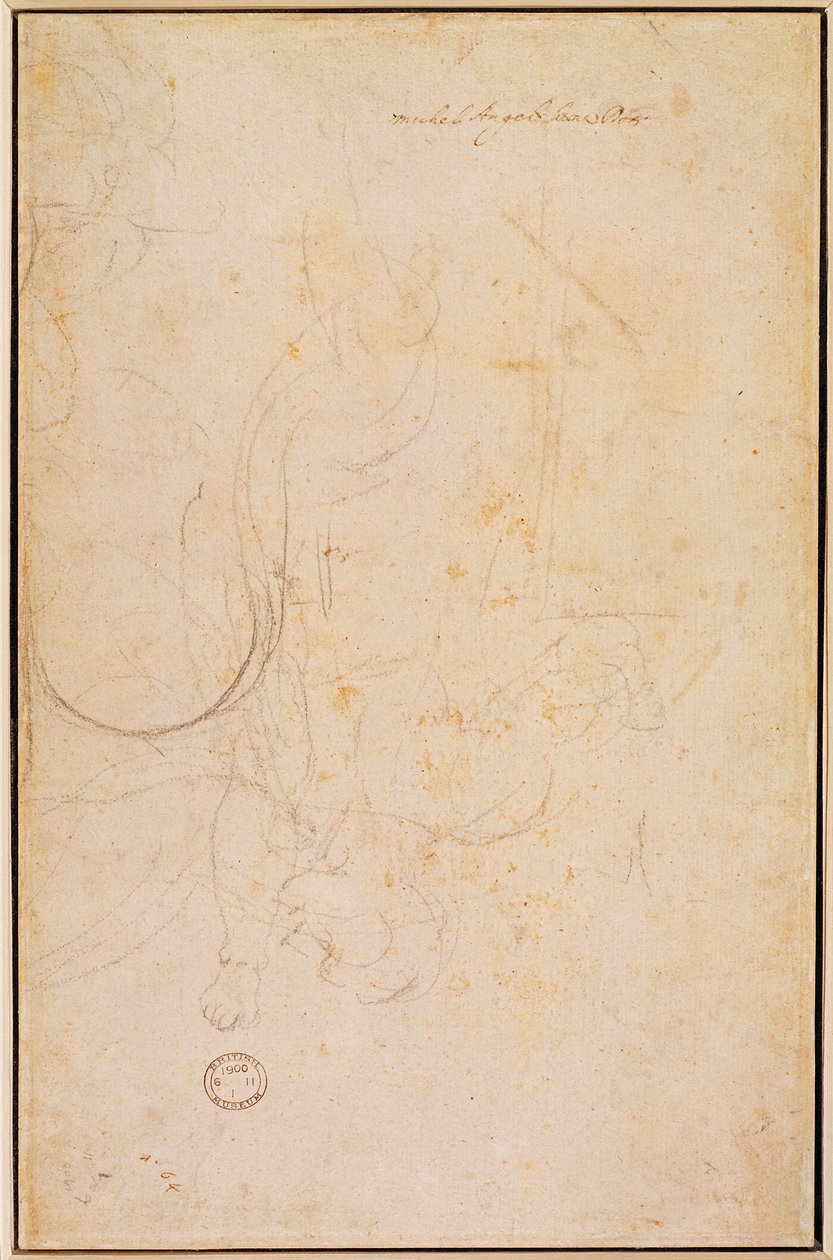 Luonnos hahmosta taiteilijan allekirjoituksella (hiili paperille) (käänteinen) tekijältä Michelangelo Buonarroti