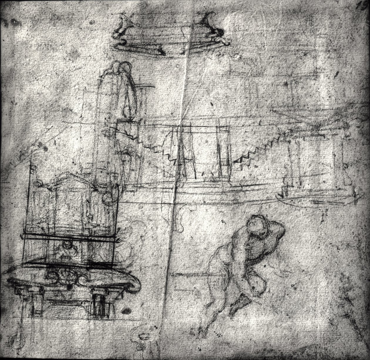 Luonnos, jossa on arkkitehtuuritutkimuksia ja mieslaki tekijältä Michelangelo Buonarroti
