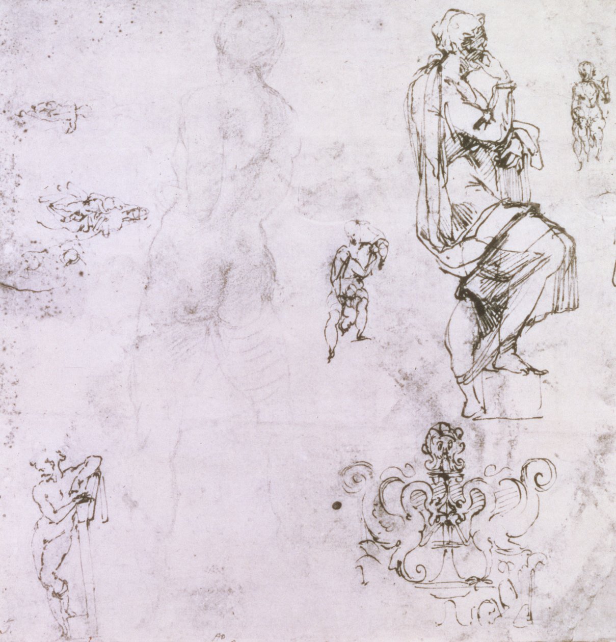 Luonnokset miesalastomista, madonnasta ja lapsesta sekä koristeellinen tunnus (kynä ja muste ja hiili paperille) tekijältä Michelangelo Buonarroti
