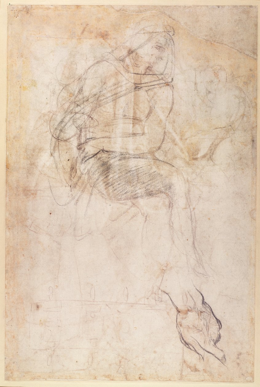 Tutkimus Ignudille persialaisen sibylin yläpuolella Sikstuksen kappelissa, 1508-12 (hiili paperilla) (käänteinen) tekijältä Michelangelo Buonarroti