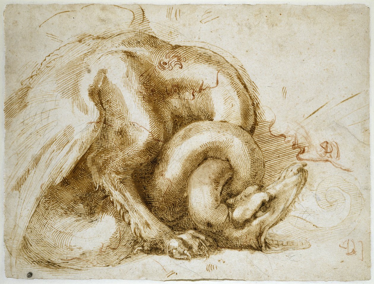 Tutkimus siivekkäästä hirviöstä, n. 1525 (punainen ja musta liitu paperille) tekijältä Michelangelo Buonarroti