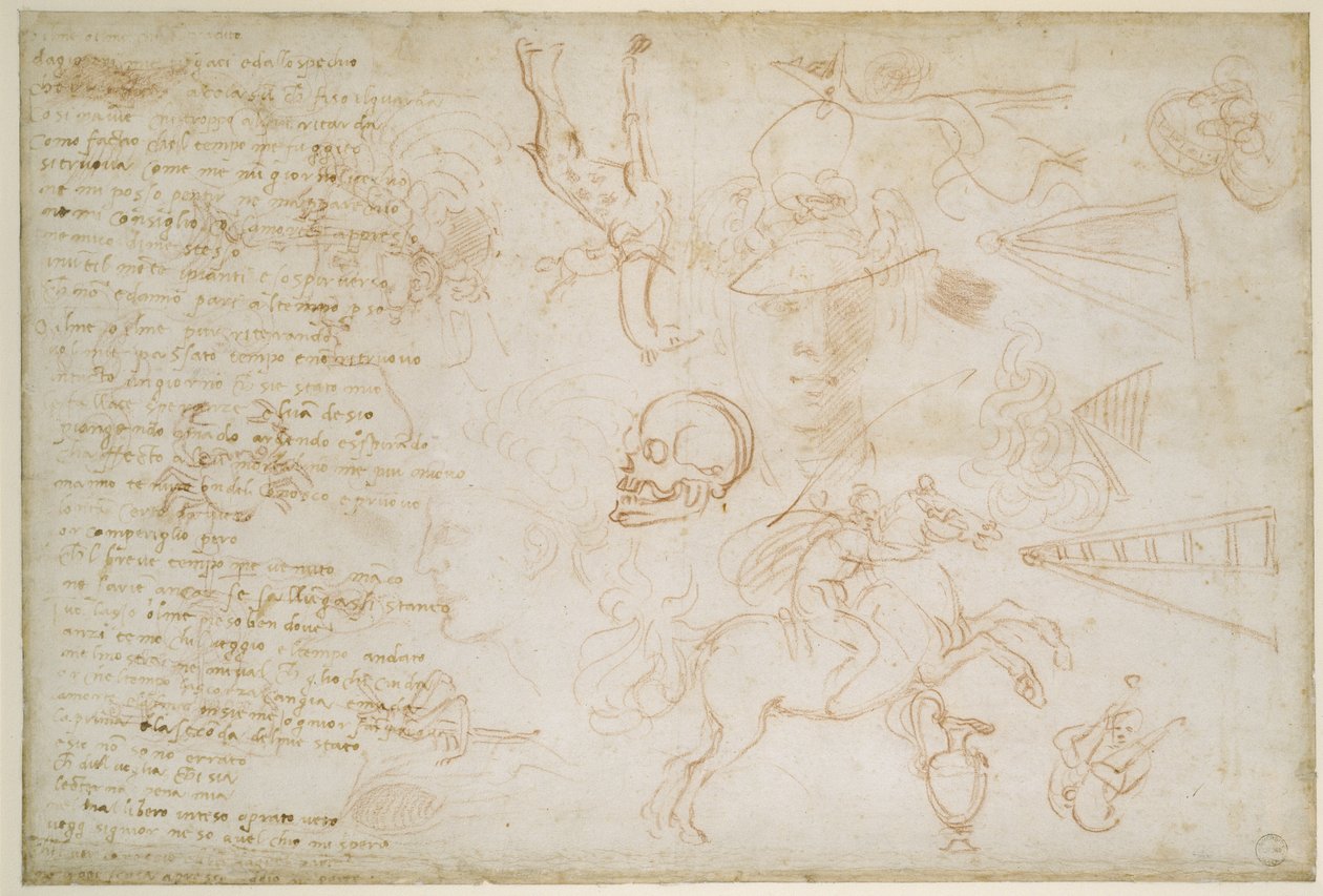 Tutkimus päistä ja eläimistä, n. 1525 (punainen liitu ja kynä paperilla) tekijältä Michelangelo Buonarroti
