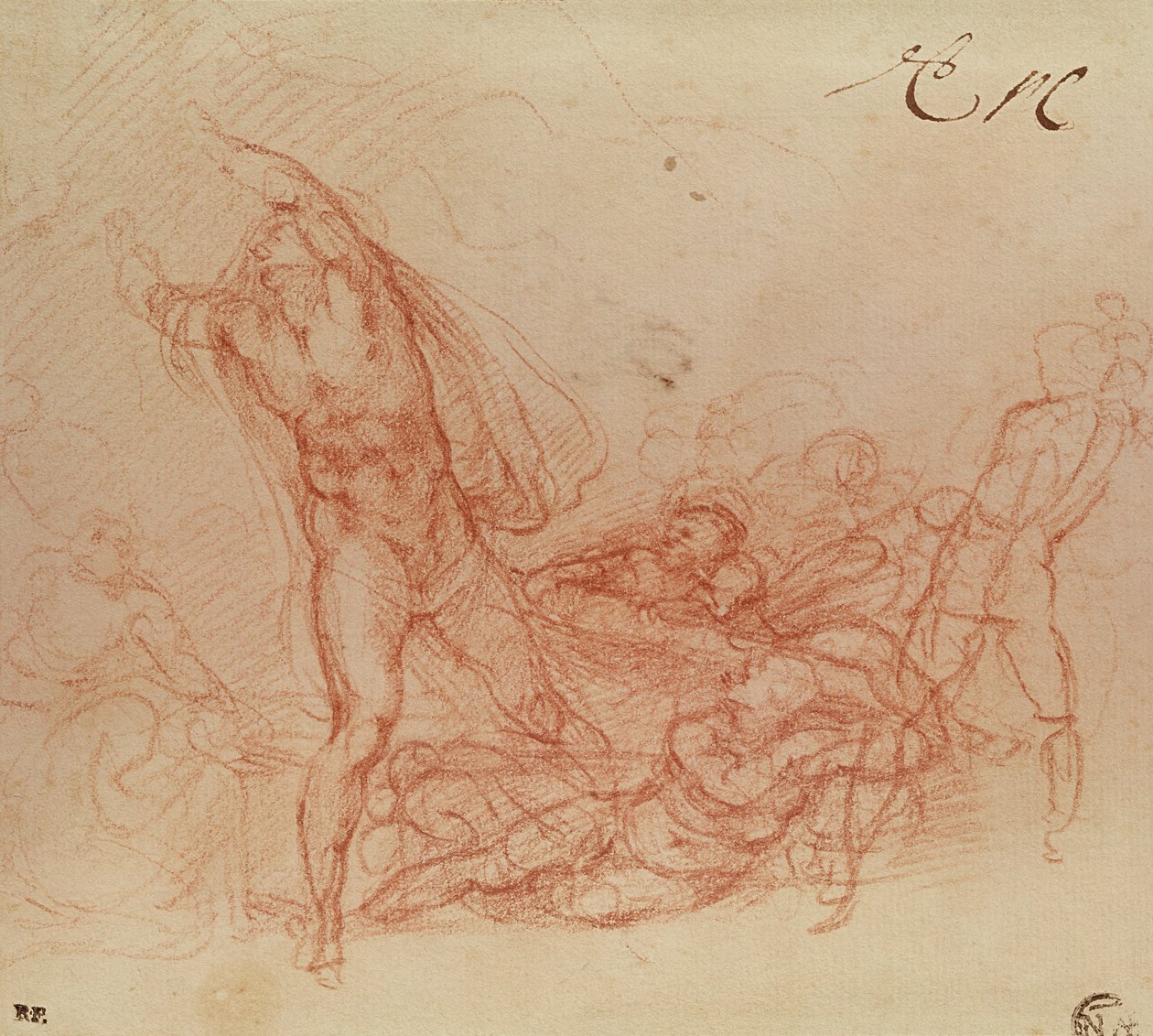Kristuksen ylösnousemus, n. 1536-38 (punainen liitu paperille) tekijältä Michelangelo Buonarroti