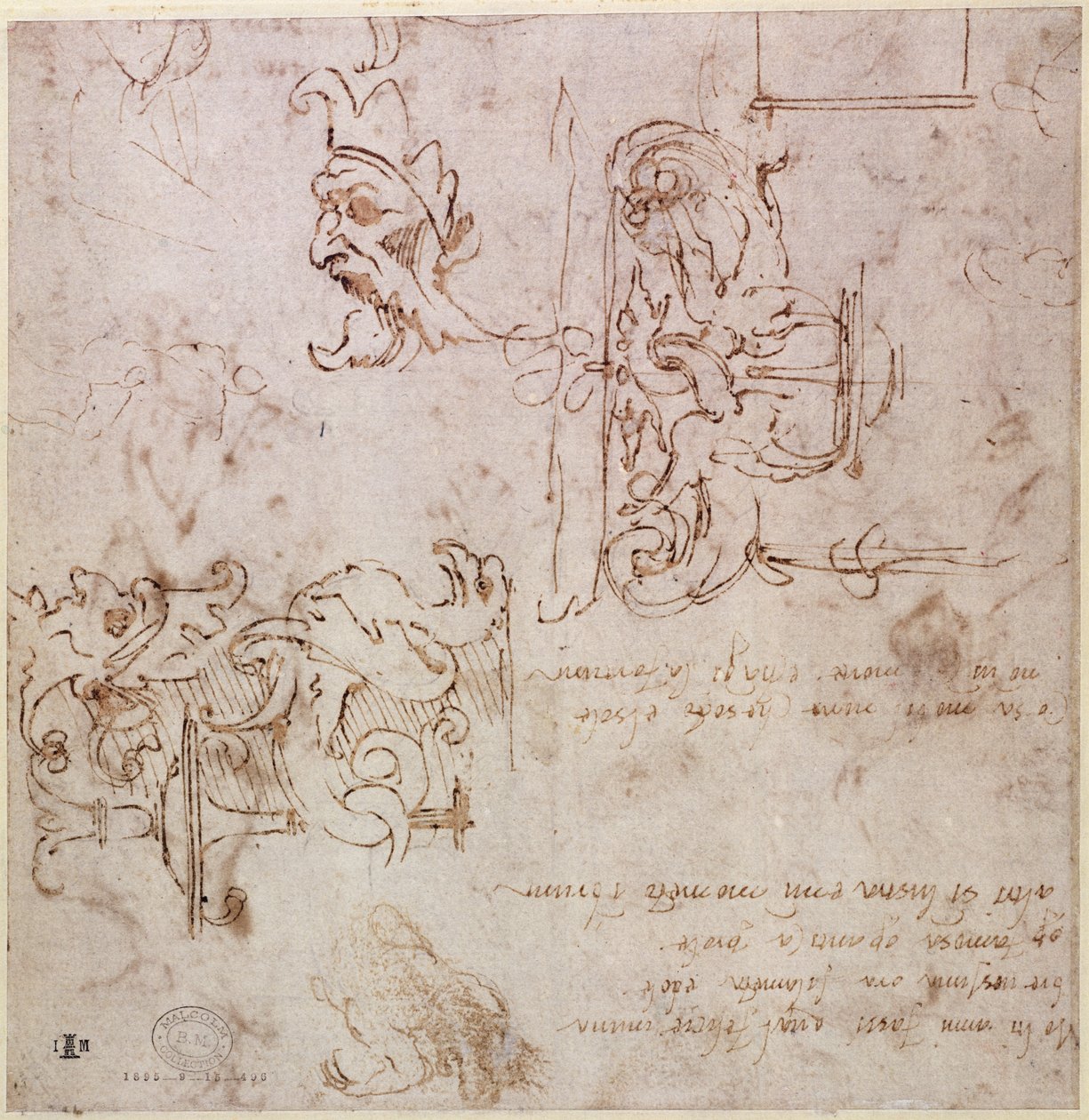 W.3v Karkeasti piirretyt mallit huonekaluille ja koristeille (kynä ja muste) tekijältä Michelangelo Buonarroti