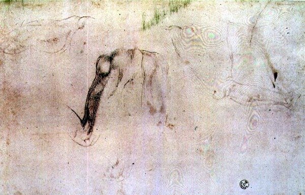 Jalkojen luonnos (hiili paperille) tekijältä Michelangelo Buonarroti
