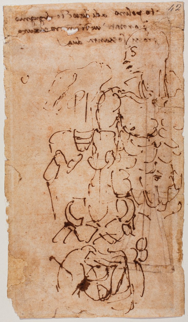 Tunnistamaton luonnos ja käsinkirjoitettu merkintä tekijältä Michelangelo Buonarroti