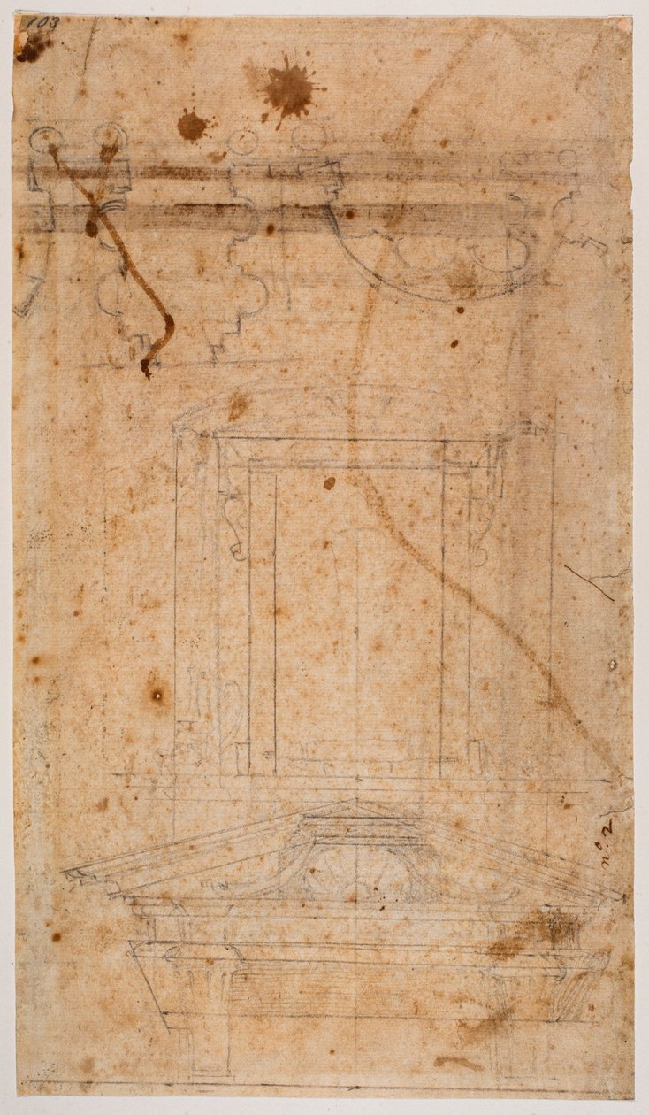 Seinähauta ja kirkon osittainen pohjapiirustus tekijältä Michelangelo Buonarroti