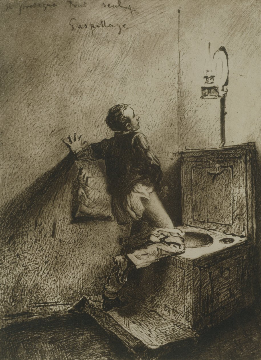 Poika masturboi WC:ssä, levy 19 Liebe (Love) -pubista. 1901 Leipzigissä (heliogravyri) tekijältä Mihaly von Zichy