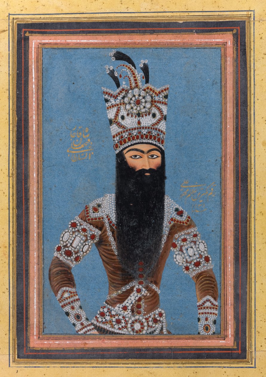 FathAli Shah Qajarin muotokuva, 1815 (wc, kulta ja muste paperille) tekijältä MihrAli MihrAli