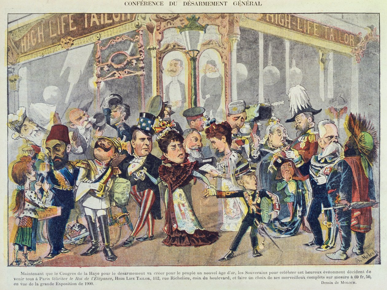 Mainos pariisilaisesta vaatesuunnittelijasta, joka viittaa Haagin ensimmäiseen rauhankonferenssiin vuonna 1899, Le Rire -lehdestä, 1899 tekijältä Moloch
