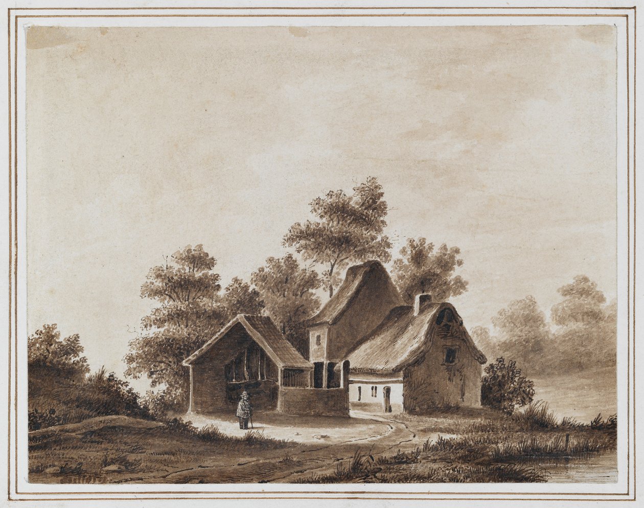 Schubert majatalon ulkopuolella Tullinissa, lähellä Wieniä, 13. toukokuuta 1823 (muste ja pesu paperille) tekijältä Moritz Ludwig von Schwind