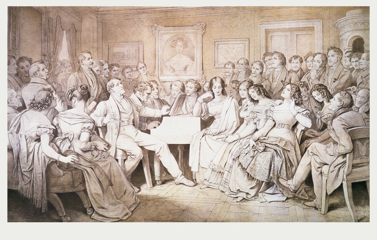 Ilta Baron von Spaunin luona: Schubert pianolla ystäviensä joukossa, mukaan lukien oopperabaritoni Johann Vogl (1768-1840) tekijältä Moritz Ludwig von Schwind